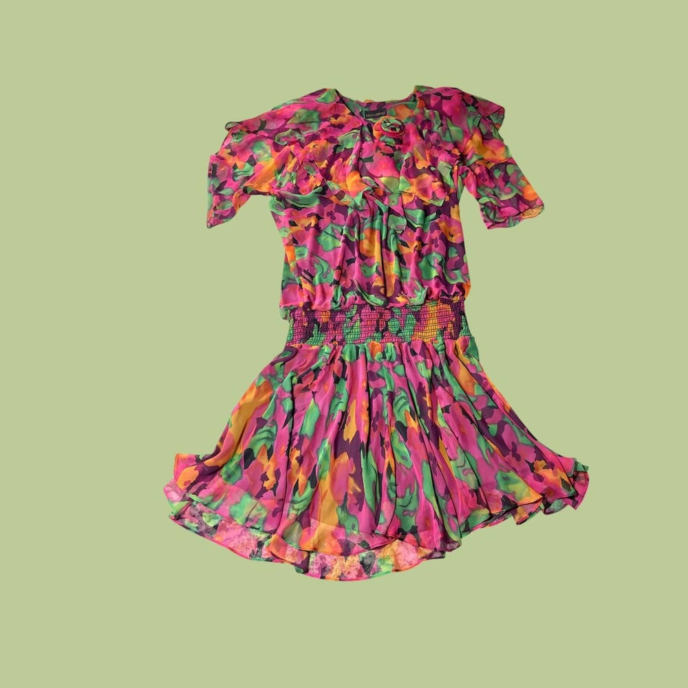 Vintage‎ Lida Caputo Floral Chiffon Dress Pink Green Orange Ruffle Sheer Party